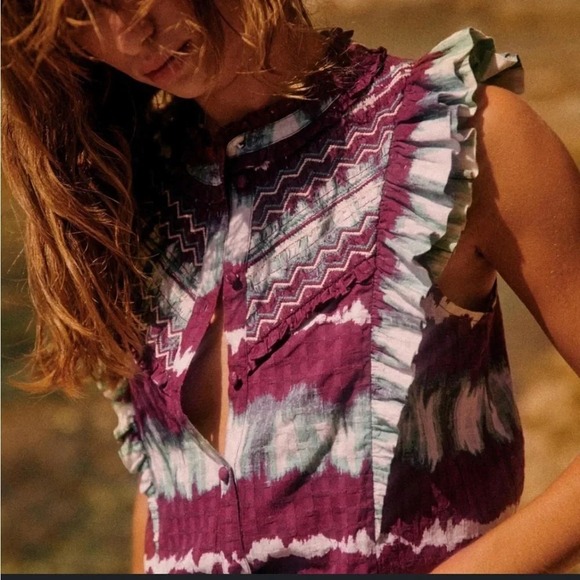 Sezane Tops - Sezane Elena Ruffle Pruple Tie Dye‎ Sleeveless Button Front Blouse Size EU 36